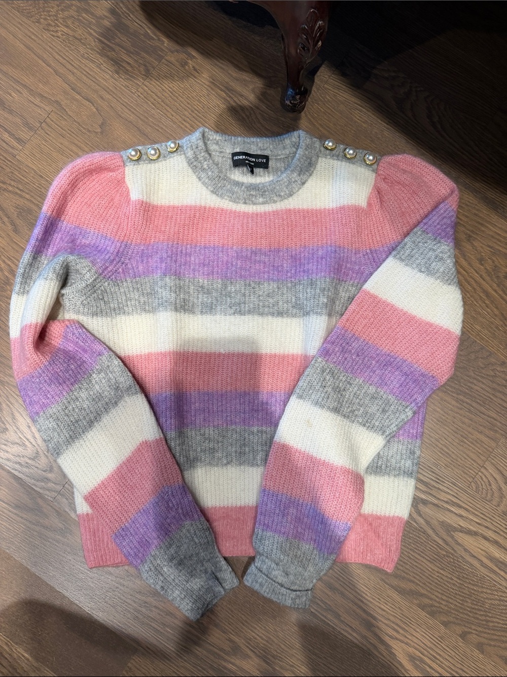 Generation Love Pink Lavender Gray Cream Striped Pearl-Shoulder Sweater